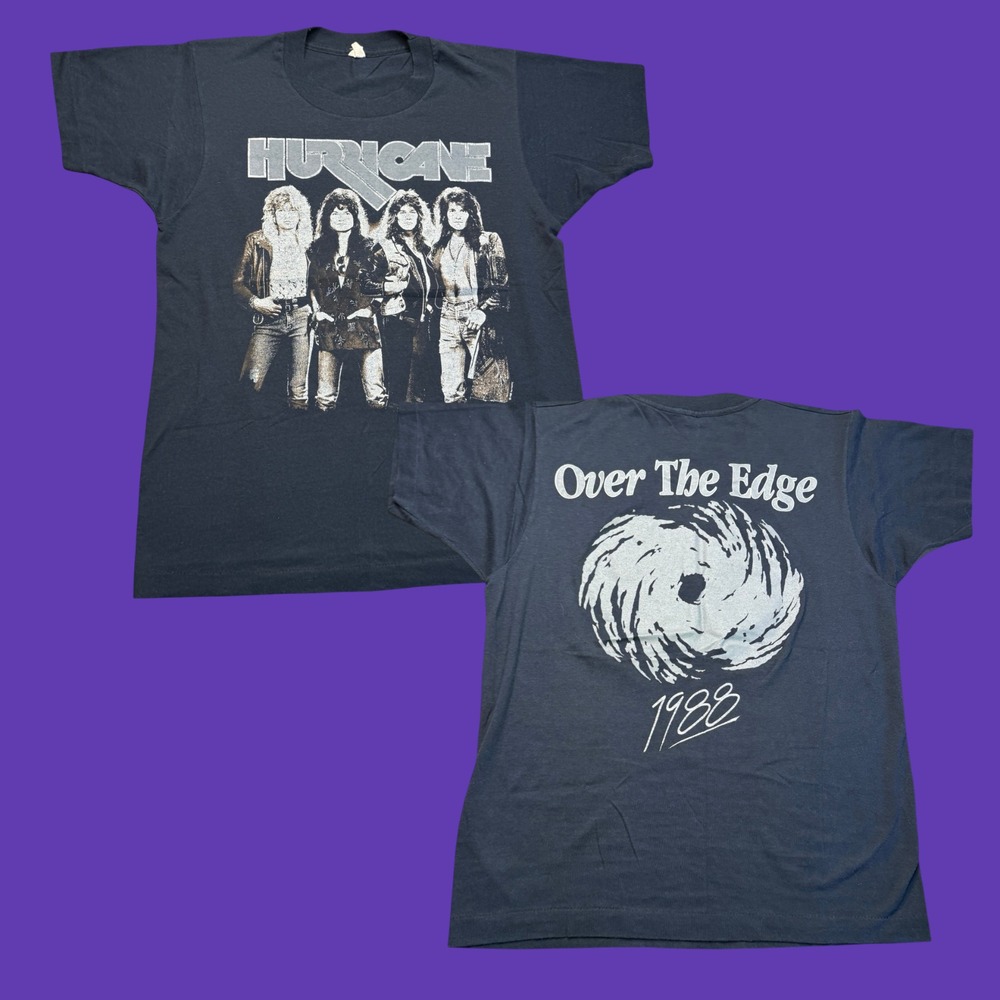 1988 Hurricane T Shirt Medium Black Over The Edge Rock Band 2 Sided Vintage
